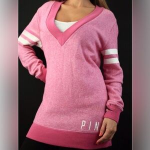 Oversized PINK Victoria's Secret V-Neck Sweater - Pink with White Stripes